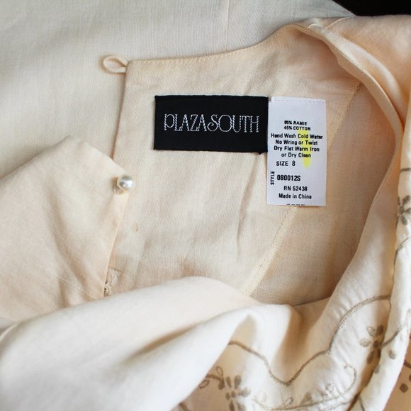 Vintage 80s Dress Ramie Cotton Lace Cutwork Embroidery Peplum Beige Midi 8 - Picture 10 of 15